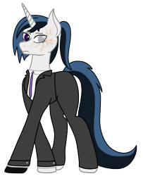 Size: 1997x2461 | Tagged: safe, artist:maître cervidé, imported from derpibooru, oc, oc only, oc:justice star, unicorn, clothes, female, scar, simple background, solo, suit, transparent background