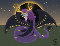 Size: 4237x3200 | Tagged: safe, artist:maître cervidé, imported from derpibooru, oc, oc:librarian, original species, snake, antlers, chaos, creature, eclipse, feather, male, night, wings