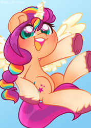 Size: 2551x3579 | Tagged: safe, artist:ninnydraws, imported from derpibooru, sunny starscout, alicorn, pony, artificial horn, artificial wings, augmented, blushing, cute, female, flying, g5, heart, heart eyes, horn, looking at you, magic, magic horn, magic wings, mare, open mouth, race swap, simple background, solo, sunnybetes, sunnycorn, wingding eyes, wings