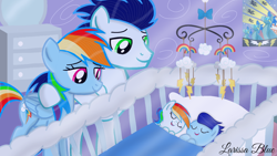 Size: 1280x720 | Tagged: safe, artist:mlplary6, imported from derpibooru, rainbow dash, soarin', oc, oc:blue skies, oc:speedy dash, pegasus, pony, baby, colt, family, female, filly, foal, male, mare, offspring, parent:rainbow dash, parent:soarin', parents:soarindash, shipping, siblings, sleeping, smiling, soarindash, stallion, straight, twins