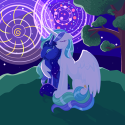 Size: 2022x2022 | Tagged: safe, artist:lindasaurie, imported from derpibooru, princess celestia, princess luna, alicorn, pony, duo, duo female, ethereal mane, eye clipping through hair, female, fireworks, high res, night, night sky, redesign, retirement, royal sisters, sibling love, siblings, sisterly love, sisters, sky