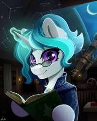 Size: 4000x5000 | Tagged: safe, artist:rainbowfire, derpibooru exclusive, imported from derpibooru, oc, oc only, pony, unicorn, astronomy, book, book cover, bookshelf, cape, clothes, complex background, constellation, cover, cute, darkness, ear fluff, female, glasses, grin, horn, jewelry, looking at you, magic, mare, medallion, moon, night, observatory, pattern, purple eyes, smiling, solo, stars, telescope, torch