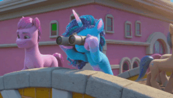 Size: 600x338 | Tagged: safe, imported from derpibooru, screencap, earth pony, pony, unicorn, spoiler:my little pony: make your mark chapter 2, spoiler:myms01e01, animated, background pony, binoculars, female, floppy ears, g5, gif, izzy does it, looking at someone, male, mare, medium sneaky, misty brightdawn, my little pony: make your mark, my little pony: make your mark chapter 2, sad, smiling, stallion