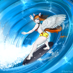 Size: 4341x4341 | Tagged: safe, artist:thaliati, imported from derpibooru, oc, oc only, oc:rainy sky, anthro, original species, pegasus, unguligrade anthro, bikini, breasts, clothes, female, paws, see-through, solo, spread wings, summer, surfboard, surfing, swimsuit, water, wave, wings