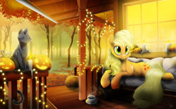 Size: 1600x992 | Tagged: safe, artist:dormin-dim, imported from derpibooru, applejack, cat, earth pony, pony, candle, forest, halloween, holiday, jack-o-lantern, lying down, pumpkin, solo, string lights