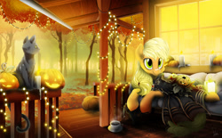Size: 1600x992 | Tagged: safe, artist:dormin-dim, imported from derpibooru, applejack, cat, earth pony, pony, candle, clothes, dress, forest, halloween, holiday, jack-o-lantern, lying down, pumpkin, solo, string lights