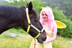 Size: 6000x4000 | Tagged: safe, artist:shadeila, artist:themoonraven, imported from derpibooru, fluttershy, horse, human, absurd resolution, clothes, cosplay, costume, dress, halter, irl, irl horse, irl human, photo, solo, tack