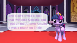 Size: 1920x1080 | Tagged: safe, artist:ask-the-luna-knight, imported from derpibooru, twilight sparkle, alicorn, pony, 3d, crown, grammar error, implied princess celestia, implied trixie, jewelry, regalia, solo, source filmmaker, speech bubble, text, twilight sparkle (alicorn)