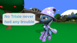 Size: 1920x1080 | Tagged: safe, artist:ask-the-luna-knight, imported from derpibooru, trixie, pony, unicorn, 3d, solo, source filmmaker, speech bubble, text