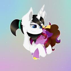 Size: 800x800 | Tagged: safe, artist:kathepart, imported from derpibooru, oc, oc only, oc:kathepaint, pony, unicorn, blue eyes, collar, couple, duo, hair bun, hair over one eye, hug