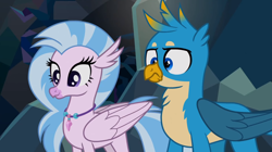 Size: 1600x897 | Tagged: safe, imported from derpibooru, screencap, gallus, silverstream, classical hippogriff, griffon, hippogriff, what lies beneath, duo, female, jewelry, male, necklace