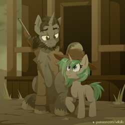 Size: 1600x1600 | Tagged: safe, artist:willoillo, imported from derpibooru, oc, oc:casey, oc:flint, pony, unicorn, fallout equestria, commission, fallout equestria: all things unequal, father and child, father and daughter, female, gun, hat, horn, male, rifle, unicorn oc, weapon