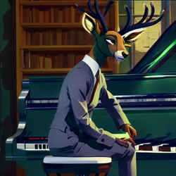 Size: 512x512 | Tagged: safe, imported from derpibooru, oc, oc:bon vivant, anthro, deer, ai assisted, ai content, clothes, deer oc, fanfic art, generator:stable diffusion, musical instrument, non-pony oc, painting, piano, solo, suit