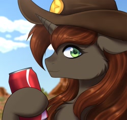 Size: 2113x2000 | Tagged: safe, artist:alunedoodle, imported from derpibooru, oc, pony, unicorn, brown hair, bust, colored pupils, commission, cowboy hat, cowgirl, female, green eyes, hat, high res, looking at you, mare, portrait, shiny, shiny eyes, shiny hair, soda, solo, stetson, western, ych result