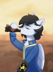 Size: 1600x2160 | Tagged: safe, imported from derpibooru, oc, oc only, pegasus, pony, fallout equestria, alcohol, coca-cola, drinking, fallout, male, nuka cola, solo, stallion