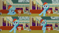 Size: 4400x2475 | Tagged: safe, edit, edited screencap, editor:quoterific, imported from derpibooru, screencap, honey curls, mare e. lynn, rainbow dash, pegasus, pony, the saddle row review, background pony, drink, female, food, grin, mare, open mouth, open smile, pepper, pepper shaker, salt, salt shaker, smiling, solo focus