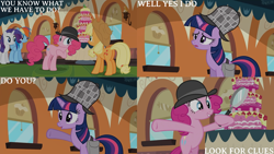 Size: 4400x2475 | Tagged: safe, edit, edited screencap, editor:quoterific, imported from derpibooru, screencap, applejack, pinkie pie, rainbow dash, rarity, twilight sparkle, earth pony, pegasus, pony, unicorn, mmmystery on the friendship express, applebutt, applejack's hat, bag, bipedal, butt, cake, cowboy hat, deerstalker, detective, female, food, friendship express, hat, locomotive, magnifying glass, mare, marzipan mascarpone meringue madness, plot, saddle bag, sherlock sparkle, steam locomotive, train, unicorn twilight