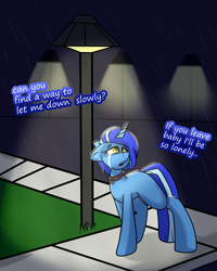 Size: 4000x5000 | Tagged: safe, artist:drdooggle, imported from derpibooru, oc, oc only, oc:sight unseen, pony, unicorn, blank flank, blue coat, blue mane, blue tail, collar, collar ring, commission, crying, female, looking back, mare, rain, sad, short mane, solo, street, tail, text, two toned mane, two toned tail, walking, yellow eyes