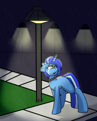 Size: 4000x5000 | Tagged: safe, artist:drdooggle, imported from derpibooru, oc, oc only, oc:sight unseen, pony, unicorn, blank flank, blue coat, blue mane, blue tail, collar, collar ring, commission, crying, female, looking back, mare, rain, sad, short mane, solo, street, tail, textless, textless version, two toned mane, two toned tail, walking, yellow eyes