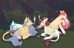 Size: 5371x3467 | Tagged: safe, artist:s0ftserve, imported from derpibooru, oc, oc:apple turnover, oc:dew point, oc:flower power, oc:nimbus flash, earth pony, pegasus, pony, unicorn, absurd file size, butt, colored wings, drugs, female, lying down, magic, magical lesbian spawn, male, mare, multicolored wings, offspring, parent:big macintosh, parent:misty fly, parent:sky stinger, parent:spitfire, parent:sugar belle, parent:tree hugger, parent:vapor trail, parents:sugarmac, parents:vaporsky, plot, prone, smoking, stallion, wings