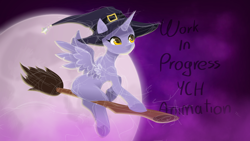 Size: 1920x1080 | Tagged: safe, artist:rumista, imported from derpibooru, oc, alicorn, pony, broom, female, flying, flying broomstick, halloween, hat, holiday, mare, moon, solo, wip, witch, witch hat