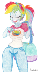 Size: 1050x1920 | Tagged: safe, artist:roseluck, imported from derpibooru, rainbow dash, human, equestria girls, alternate hairstyle, bag, big breasts, breasts, busty rainbow dash, camp everfree logo, camp everfree outfits, clothes, colored pencil drawing, cutie mark accessory, cutie mark earrings, denim, ear piercing, earring, eyes closed, female, hand on chest, holding, huge breasts, implied dashtavia, jeans, jewelry, open mouth, open smile, pants, piercing, ponytail, ring, shading, shirt, shoulder bag, simple background, smiling, solo, standing, t-shirt, traditional art, underass, wedding ring, white background, wide hips