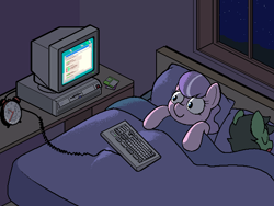 Size: 640x480 | Tagged: safe, artist:darkdoomer, imported from ponybooru, diamond tiara, oc, oc:filly anon, earth pony, pony, bed, computer, duo, female, filly, foal, sleep tight