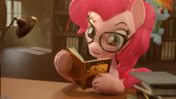 Size: 3840x2160 | Tagged: safe, artist:xppp1n, imported from ponybooru, moondancer, pinkie pie, rainbow dash, 3d, blender, blender cycles, desk lamp, flying, glasses, library, reading