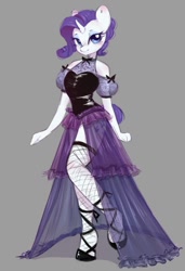 Size: 732x1070 | Tagged: safe, artist:melodylibris, imported from derpibooru, rarity, anthro, unguligrade anthro, unicorn, alternate hairstyle, clothes, dress, female, fishnets, gray background, looking at you, mare, see-through, simple background, solo