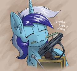 Size: 2004x1845 | Tagged: safe, artist:reddthebat, imported from derpibooru, minuette, pony, unicorn, brushie brushie, chest fluff, cleaning, ear fluff, eyes closed, female, gun, handgun, horn, makarov, mare, mouth hold, pistol, solo, toothbrush, vise, weapon