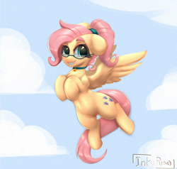 Size: 1500x1427 | Tagged: safe, artist:inkypuso, imported from derpibooru, fluttershy, pegasus, pony, alternate hairstyle, braces, choker, cute, female, flying, freckles, freckleshy, glasses, grin, looking at you, mare, ponytail, sharp teeth, shyabetes, smiling, smiling at you, solo, spread wings, teeth, wings