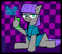 Size: 1272x1104 | Tagged: safe, artist:xxv4mp_g4z3rxx, imported from derpibooru, maud pie, earth pony, pony, checkered background, clothes, energy drink, eyeshadow, female, looking at you, makeup, mare, open mouth, signature, sitting, solo