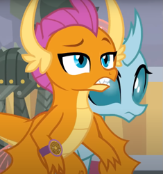 Size: 715x761 | Tagged: safe, imported from derpibooru, screencap, ocellus, smolder, changedling, changeling, dragon, a matter of principals, cropped, dragoness, duo, female, mid-blink screencap, raised eyebrow