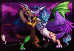 Size: 1280x898 | Tagged: safe, artist:turquoisephoenix, imported from derpibooru, discord, oc, draconequus, canon x oc, commission, commissioner:grandtheftchocobo, discord x draconequus oc, fangs, gay, holding hands, horn, male, signature