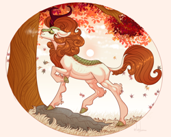 Size: 1280x1024 | Tagged: safe, artist:snowberry, imported from derpibooru, autumn blaze, kirin, pony, autumn, breath, cloud, cloven hooves, curly hair, eyes closed, female, floppy ears, fluffy, grass, hock fluff, leaves, mare, outdoors, pose, raised hoof, rock, scales, smiling, solo, sun, tree