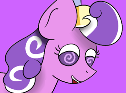 Size: 409x304 | Tagged: safe, artist:mackstack, edit, imported from derpibooru, screwball, earth pony, pony, cropped, explicit source, female, hat, mare, propeller hat, purple background, simple background, smiling, solo, swirly eyes