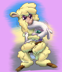 Size: 680x783 | Tagged: safe, artist:firefanatic, imported from derpibooru, alpaca, lamb, sheep, them's fightin' herds, chest fluff, collar, community related, cradling, cute, duo, fluffy, hug, paprika (tfh), pom (tfh), sad, smiling