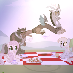 Size: 1280x1280 | Tagged: safe, imported from derpibooru, derpy hooves, discord, fluttershy, lord tirek, cup, food, muffin, picnic, picnic blanket, sandwich, teacup