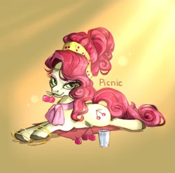 Size: 2000x1987 | Tagged: safe, artist:jellrus, imported from derpibooru, cherry jubilee, earth pony, pony, cherry, female, food, herbivore, looking at you, lying down, mare, prone, smiling, smiling at you, solo, sploot