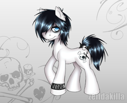 Size: 1700x1379 | Tagged: safe, artist:zeffdakilla, imported from derpibooru, oc, oc only, oc:dani, earth pony, pony, abstract background, black hair, blue eyes, bow, digital art, emo, simple background, skull, smiling, solo, standing, white background, white fur, wristband