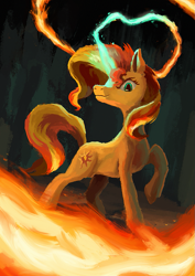 Size: 763x1080 | Tagged: safe, artist:plainoasis, imported from derpibooru, sunset shimmer, pony, unicorn, equestria girls, female, fiery shimmer, fire, looking at you, magic, mare, raised hoof, solo