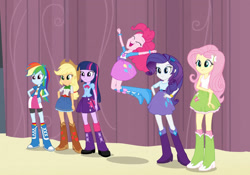 Size: 1069x747 | Tagged: safe, artist:pascalmulokozi2, composite screencap, edit, edited screencap, imported from derpibooru, screencap, applejack, fluttershy, pinkie pie, rainbow dash, rarity, twilight sparkle, human, equestria girls, equestria girls (movie), belt, boots, canterlot high, clothes, cowboy boots, cowboy hat, gym, gymnasium, hat, high heel boots, humane five, humane six, jacket, shirt, shoes, skirt, stage, vest