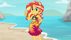 Size: 6144x3461 | Tagged: safe, artist:n0kkun, imported from derpibooru, sunset shimmer, human, equestria girls, equestria girls series, absurd resolution, beach, beautiful, belly button, bikini, clothes, cute, female, grin, inkscape, peace sign, sarong, shimmerbetes, smiling, solo, swimsuit, vector, woman