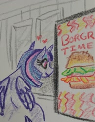 Size: 1588x2048 | Tagged: safe, artist:pony quarantine, imported from derpibooru, twilight sparkle, alicorn, pony, borger, burger, crayon drawing, female, folded wings, food, heart, horn, looking at something, mare, ponified animal photo, solo, traditional art, twilight burgkle, twilight sparkle (alicorn), wings