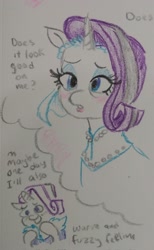 Size: 1260x2048 | Tagged: safe, artist:pony quarantine, imported from derpibooru, rarity, pony, unicorn, blushing, clothes, coat, crayon drawing, dialogue, dress, eyeshadow, female, horn, lipstick, makeup, mare, marshmelodrama, older, older rarity, rarity being rarity, solo, thought bubble, traditional art, wedding dress