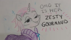 Size: 2122x1201 | Tagged: safe, artist:pony quarantine, imported from derpibooru, zesty gourmand, pony, unicorn, bust, clothes, crayon drawing, female, grin, horn, lidded eyes, looking at you, mare, smiling, smiling at you, solo, text, traditional art