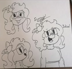 Size: 1554x1500 | Tagged: safe, artist:spoopygirl, imported from derpibooru, oc, oc:alice, pony, :p, clothes, female, glasses, sweater, tongue out, traditional art, velma dinkley