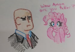 Size: 2140x1495 | Tagged: safe, artist:pony quarantine, imported from derpibooru, pinkie pie, earth pony, human, pony, agent 47, crayon drawing, crossover, dialogue, disguise, duo, duo male and female, female, hitman, male, mare, traditional art
