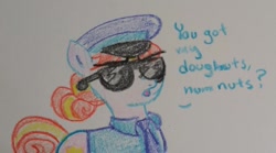 Size: 1024x569 | Tagged: safe, artist:pony quarantine, imported from derpibooru, copper top, earth pony, pony, clothes, crayon drawing, dialogue, female, hat, mare, necktie, open mouth, police, police officer, police uniform, shirt, solo, sunglasses, talking to viewer, traditional art