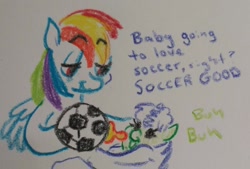 Size: 1130x764 | Tagged: safe, artist:pony quarantine, imported from derpibooru, rainbow dash, oc, pegasus, pony, baby, baby bottle, baby pony, crayon drawing, dialogue, duo, eyebrows, eyebrows visible through hair, female, filly, foal, football, lidded eyes, mare, sports, traditional art